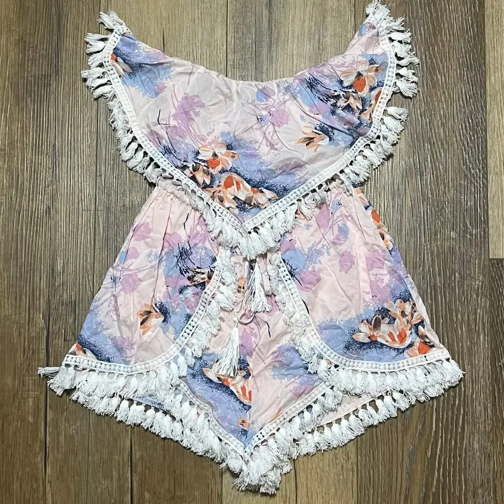 NWT Here Comes The Sun Floral Romper Women’s Small Pink Fringe Boho Beach $148 - Picture 2 of 7